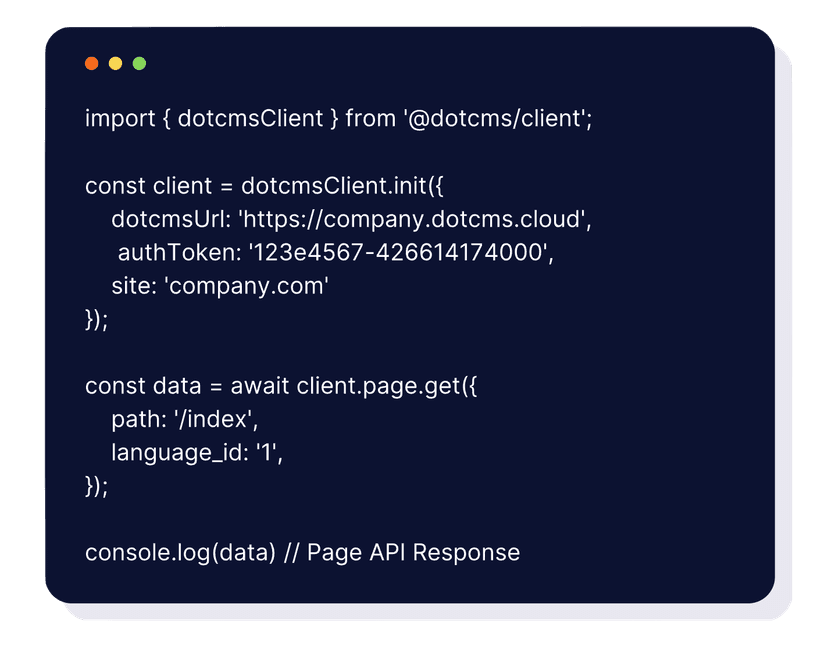 dotCMS API code example showing client initialization
